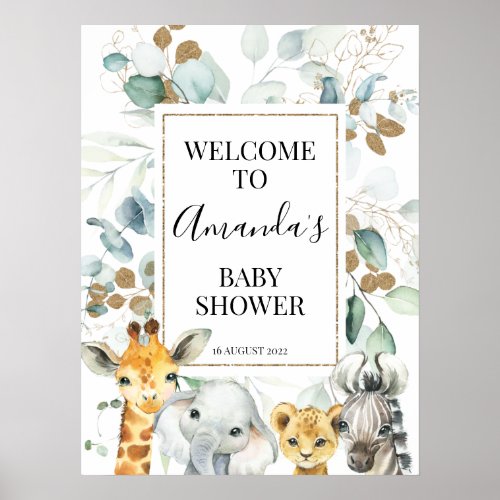 Gold Eucalyptus Safari Baby Shower Welcome Sign