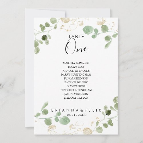 Gold Eucalyptus Table Number 1 Seating Chart