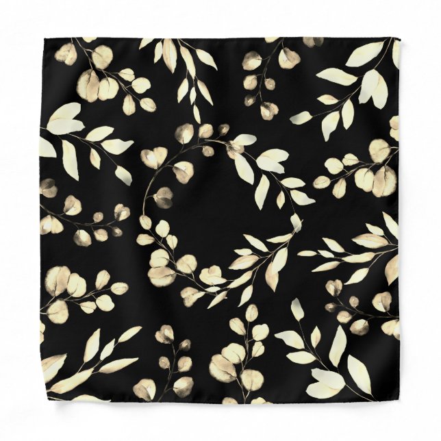 Gold Eucalyptus Wedding Black Pocket Square Bandana (Front)
