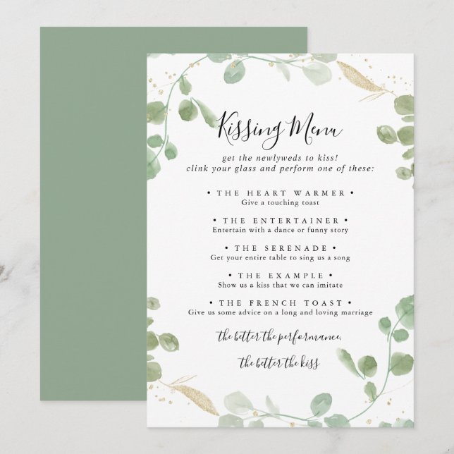 Gold Eucalyptus Wedding Kissing Menu Game Card (Front/Back)