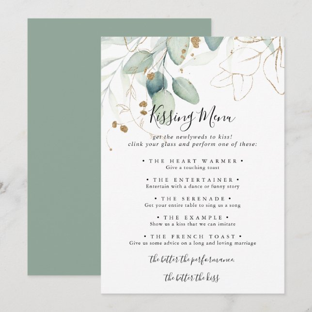  Gold Eucalyptus Wedding Kissing Menu Game Card (Front/Back)