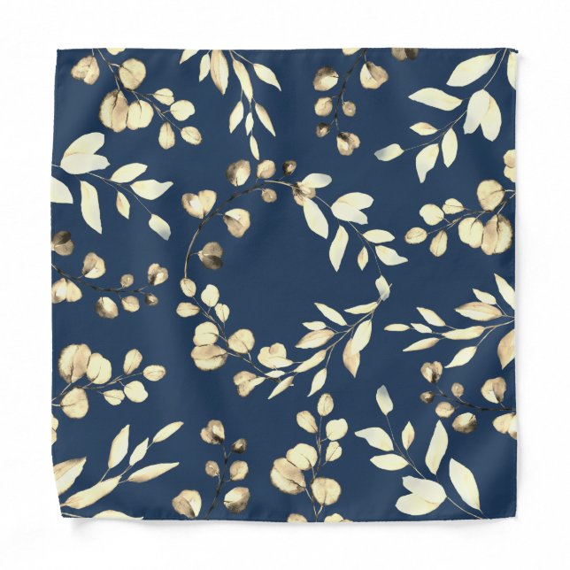 Gold Eucalyptus Wedding Navy Blue Pocket Square Bandana (Front)