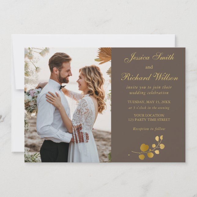 Gold Eucalyptus Wedding PHOTO Invitation (Front)
