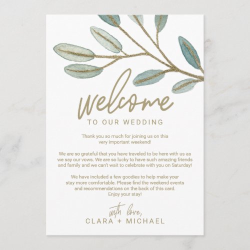 Gold Eucalyptus Wedding Welcome Letter  Itinerary Program