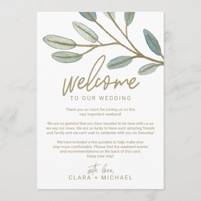Gold Eucalyptus Wedding Welcome Letter & Itinerary Program (Front)