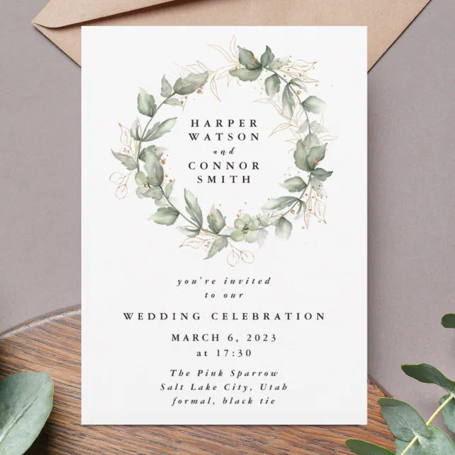 Gold Eucalyptus Wedding Wreath Greenery Moss Sages Invitation | Zazzle