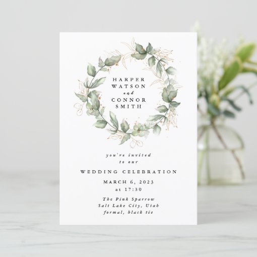 Gold Eucalyptus Wedding Wreath Greenery Moss Sages Invitation Zazzle