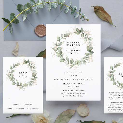 Gold Eucalyptus Wedding Wreath Greenery Moss Sages RSVP Card | Zazzle