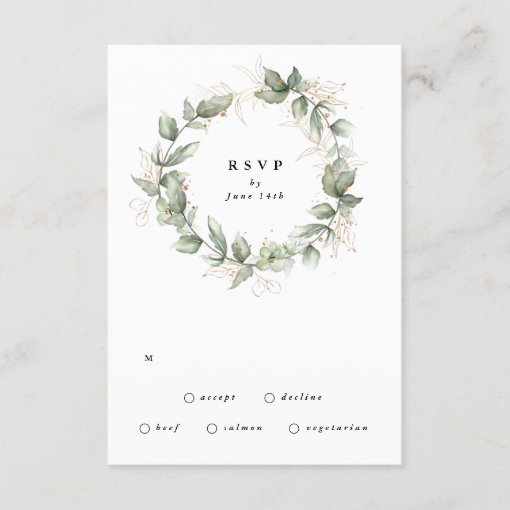 Gold Eucalyptus Wedding Wreath Greenery Moss Sages Rsvp Card Zazzle