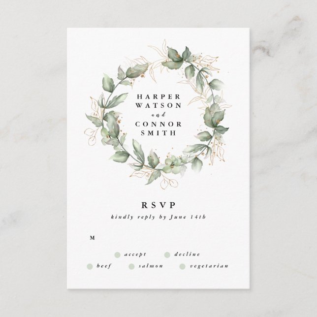 Gold Eucalyptus Wedding Wreath Greenery Moss Sages RSVP Card (Front)