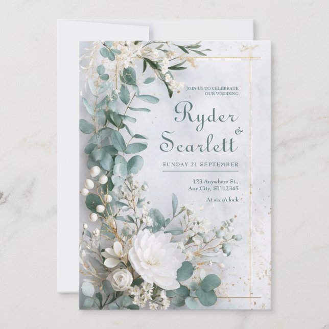 Gold Eucalyptus White Floral Coastal Wedding Invitation (Front)