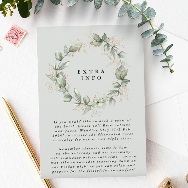 Gold Eucalyptus Wreath Green Sea Glass Details Enclosure Card (Creator Uploaded)