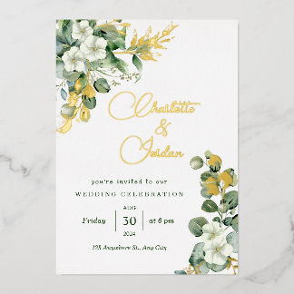 Gold Eucalyptus Wreath Green Sea Glass Wedding Foil Invitation