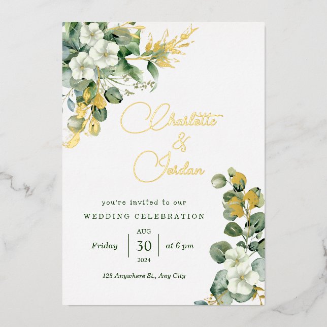 Gold Eucalyptus Wreath Green Sea Glass Wedding  Foil Invitation (Front)