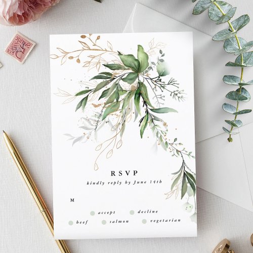 Gold Eucalyptus Wreath Green Sea Glass Wedding RSVP Card