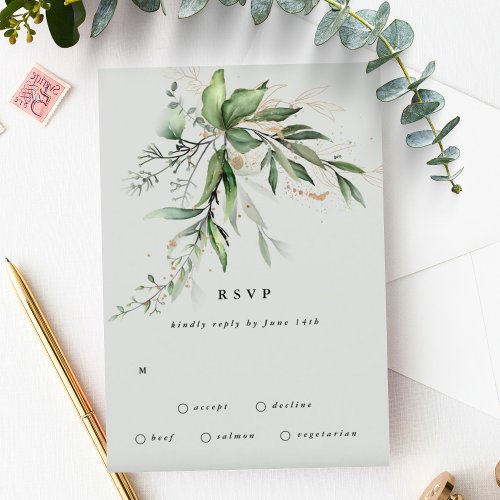 Gold Eucalyptus Wreath Green Sea Glass Wedding RSVP Card