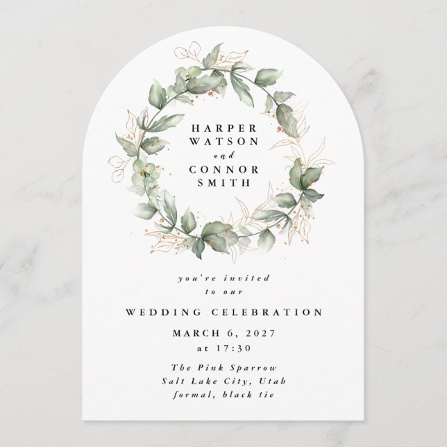 Gold Eucalyptus Wreath Greenery Moss Sage Arch Invitation (Front)