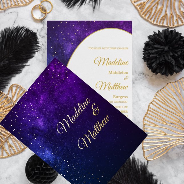 Gold Evening Sky  Stars Purple Modern Wedding Foil Invitation (Creator Uploaded)