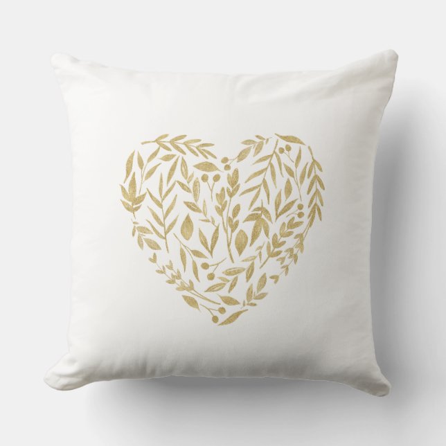 Gold Evergreen Heart Wedding Decor Date Mr & Mrs Throw Pillow (Front)