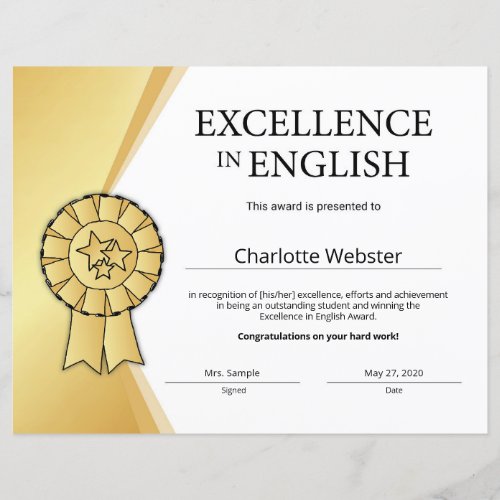 Gold Excellence in English Certificate Award