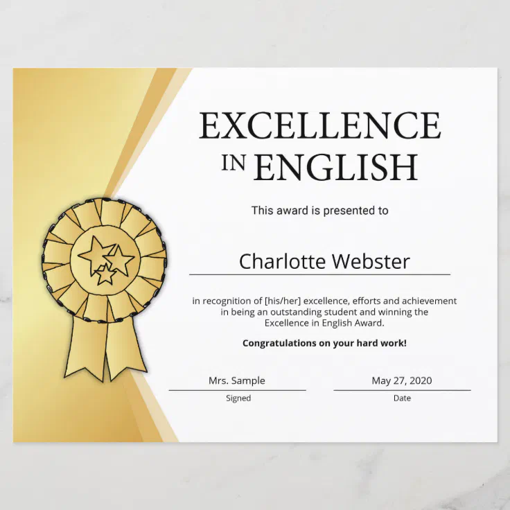 Gold Excellence In English Certificate Award Zazzle