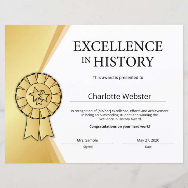 Gold Excellence in History Certificate Award (Front)