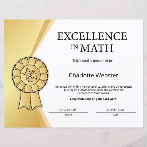 Gold Excellence in Math Certificate Award