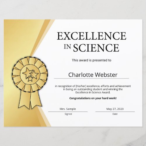 Gold Excellence in Science Certificate Award