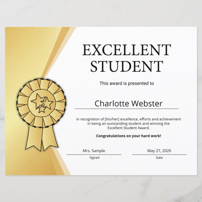 Gold Excellent Student Award Honor Certificate (Front)