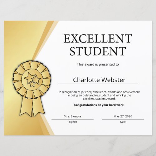 Gold Excellent Student Award Honor Certificate