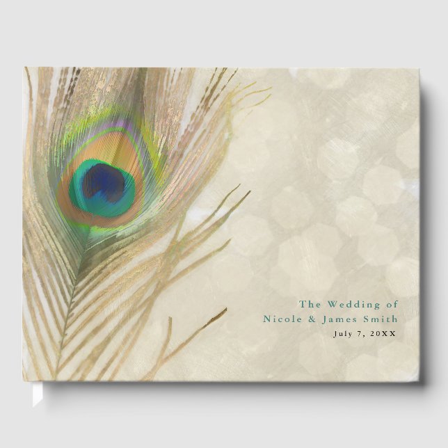 Gold Exotic Peacock Feather Elegant Wedding Guest Book (Front)