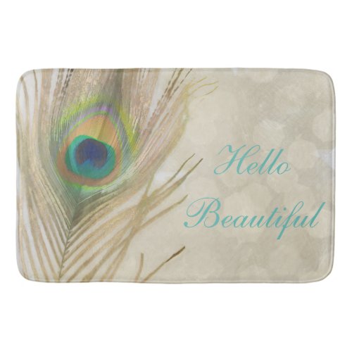 Gold Exotic Peacock Feather Glam Elegant Chic Bathroom Mat