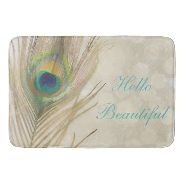 Gold Exotic Peacock Feather Glam Elegant Chic Bathroom Mat (Front)