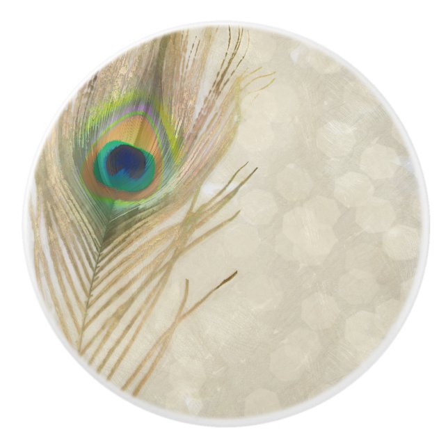Gold Exotic Peacock Feather Glam Elegant Chic Ceramic Knob (Front)