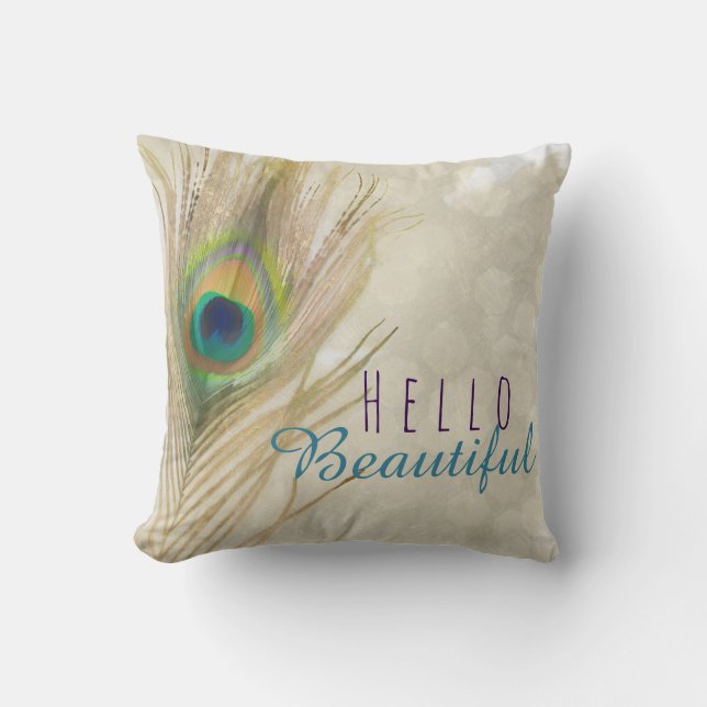 Gold Exotic Peacock Feather Glam Elegant Chic Throw Pillow (Front)
