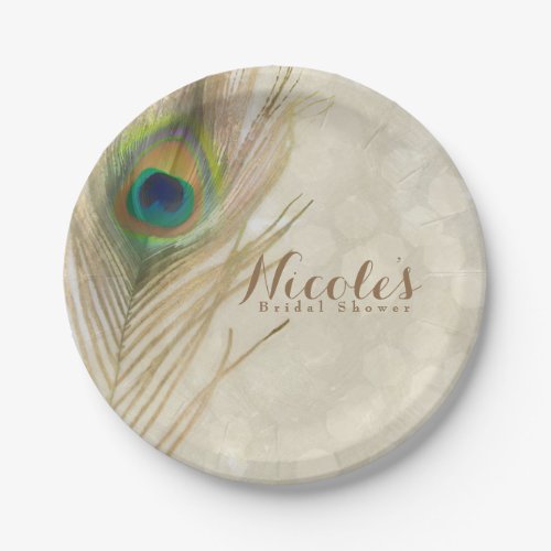 Gold Exotic Peacock Feather Glam Elegant Party Paper Plates