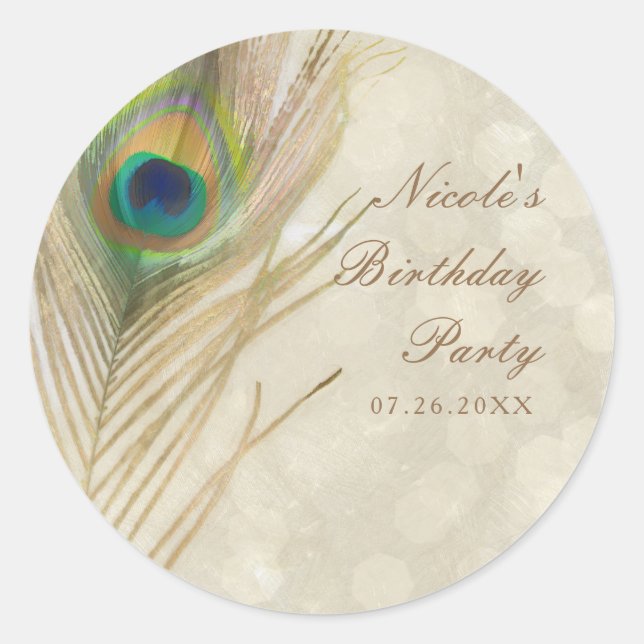 Gold Exotic Peacock Feather Glam Party Favor Classic Round Sticker (Front)