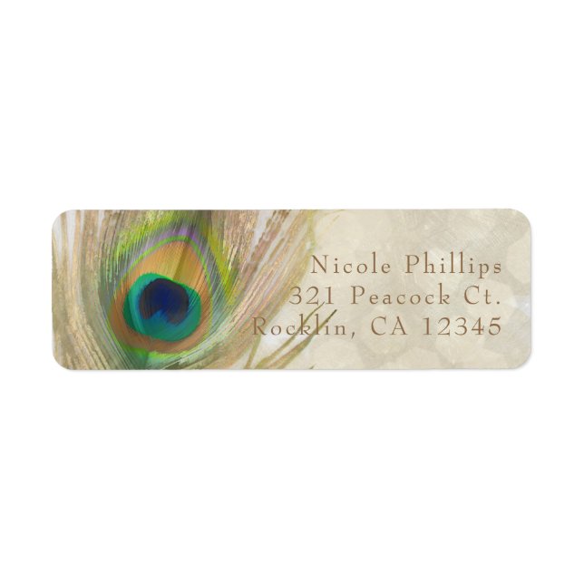 Gold Exotic Peacock Feather Glam Party Invitation Label (Front)