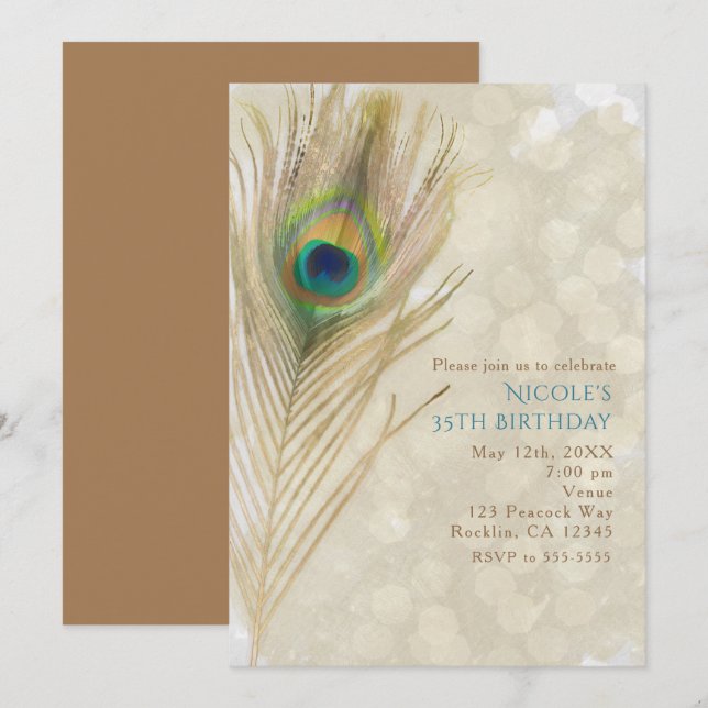 Gold Exotic Peacock Feather Glam Party Invitations (Front/Back)