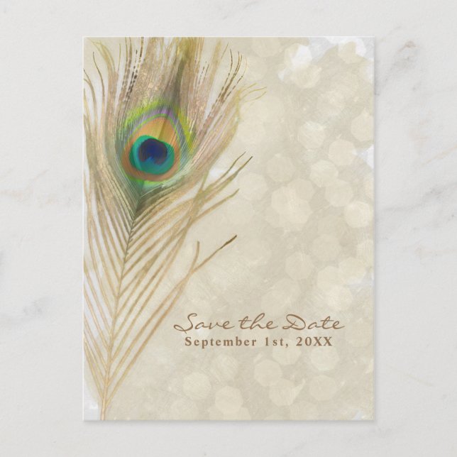 Gold Exotic Peacock Feather Glam Save the Date Announcement Postcard (Front)