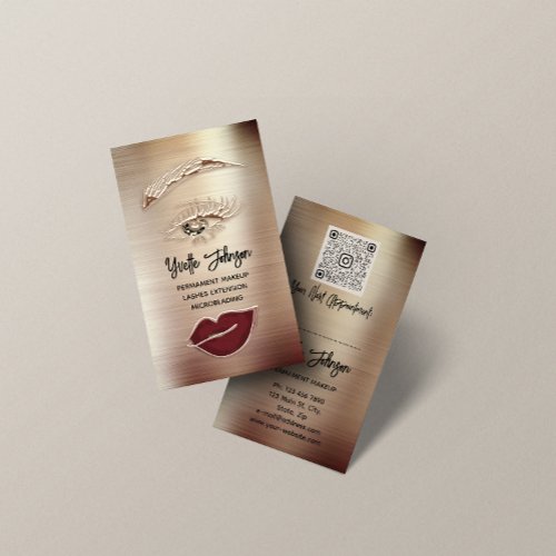 Gold Eyelash Brow Makeup Logo QR Code Lip Rose Business Card