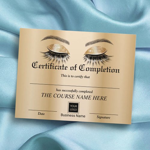 Gold Eyelash Salon Certificate of Completion Award