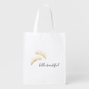 Gold Eyelashes Hello Beautiful Reusable Grocery Bag