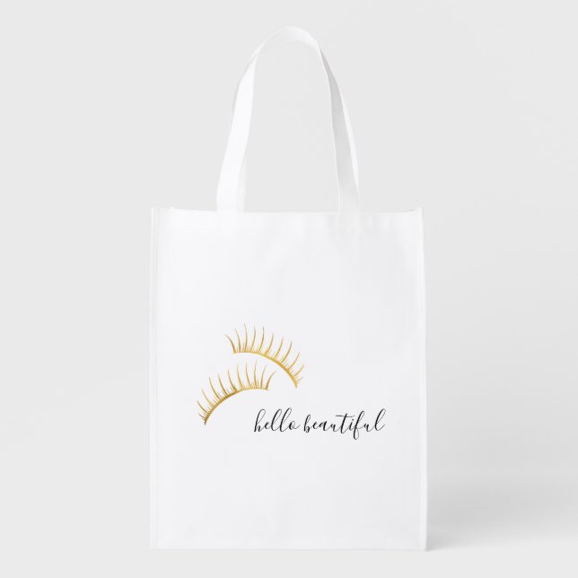 Gold Eyelashes Hello Beautiful Reusable Grocery Bag (Front)