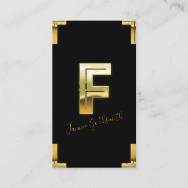 Gold F Initial and Borders Business Card (Front)