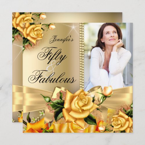 Gold Fabulous 50 Photo Yellow Rose Birthday 3 Invitation