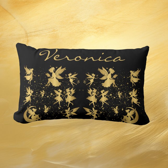 Gold Fairies with Pixie Dust on Black Monogram | Lumbar Pillow (Creator Uploaded)