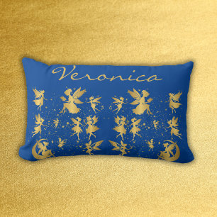 Gold Fairies with Pixie Dust on Blue Monogram Lumbar Pillow