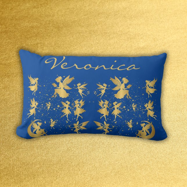 Gold Fairies with Pixie Dust on Blue Monogram | Lumbar Pillow (Creator Uploaded)