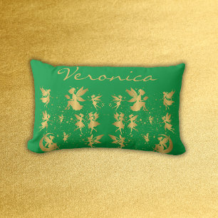 Gold Fairies with Pixie Dust on Green Monogram Lumbar Pillow
